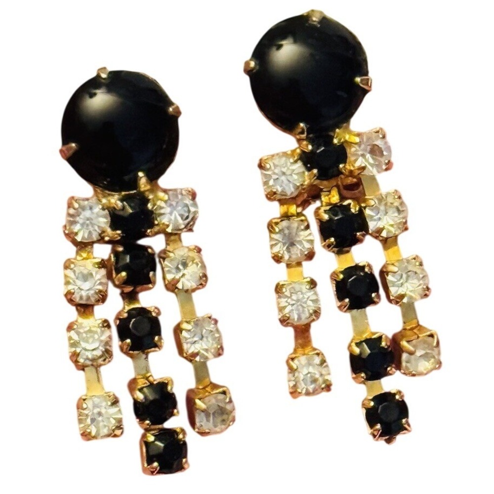 VTG 90s‎ party Clip jeweled Earrings Crystal rhinestone dangle Gold Black Cab
